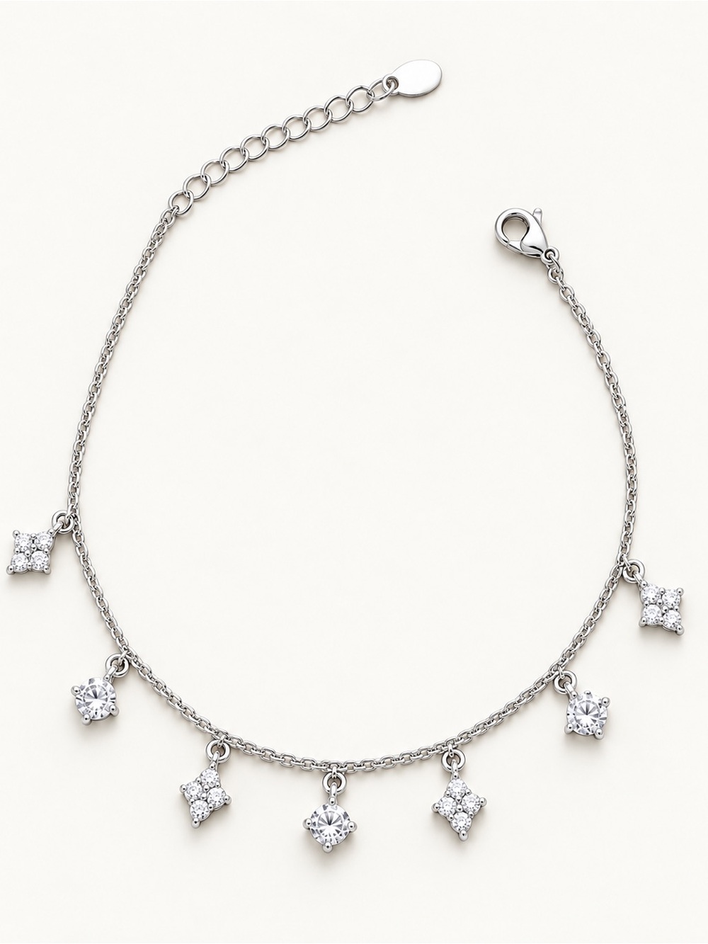 Silver Anklet with Diamond Charms Real Crystal Platinum Plated Adjustable